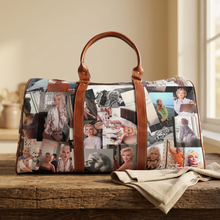 Load image into Gallery viewer, Marilyn Monroe Travel Bag, Waterproof Weekender Duffel, Carry On Overnight Bag, Vintage Hollywood Photo Collage, George Barris Art, Gift for Marilyn Fans
